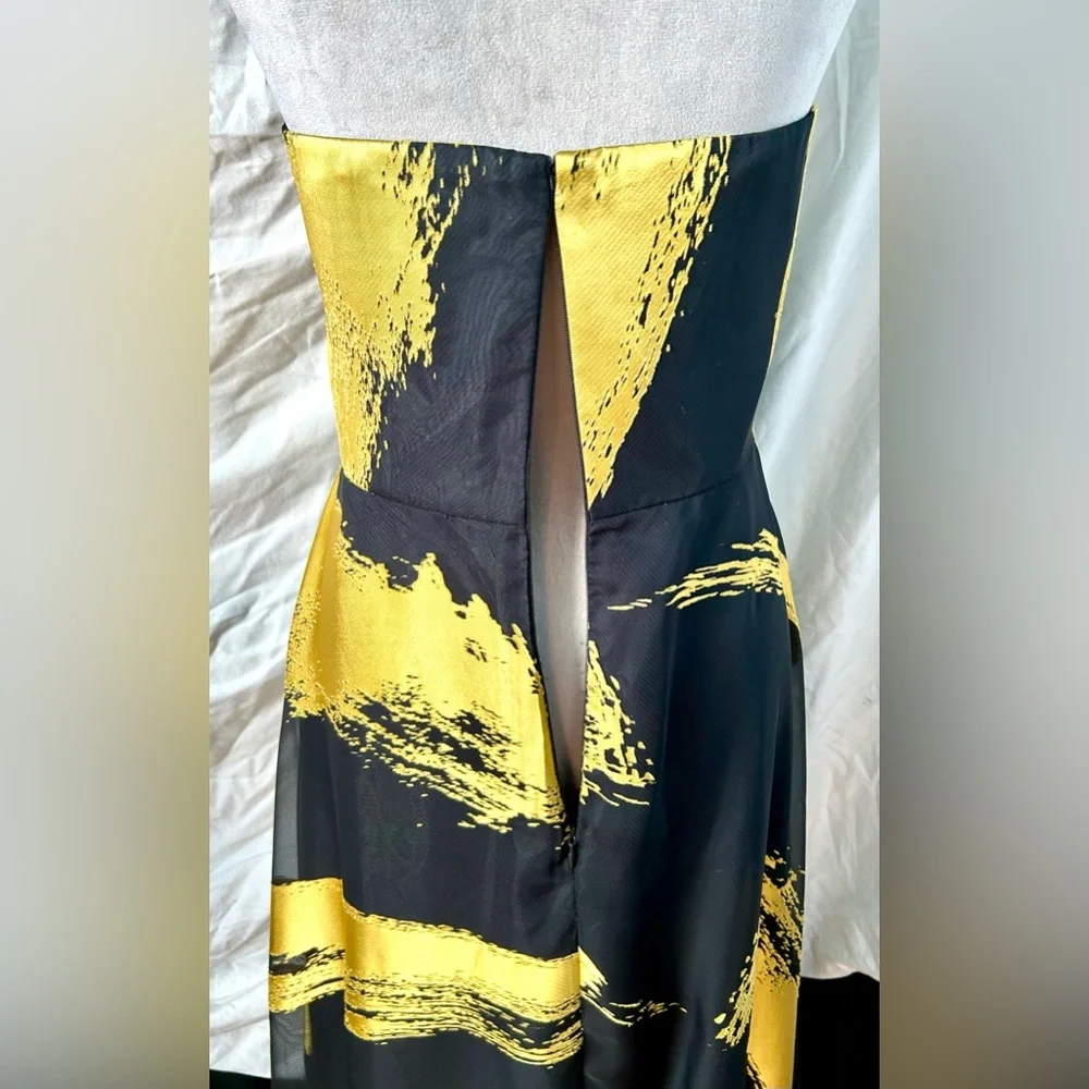 Donna Karan Black, Gold Metallic Paintbrush Strapless Gown, Size M - Picture 6 of 10